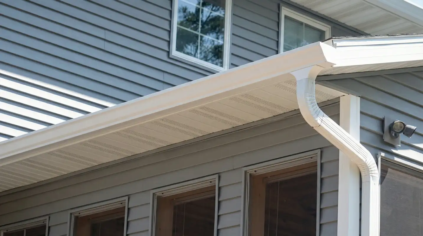 Professional home remodeling project showing newly installed white seamless gutters and downspouts on a house with gray siding in Atlanta, GA