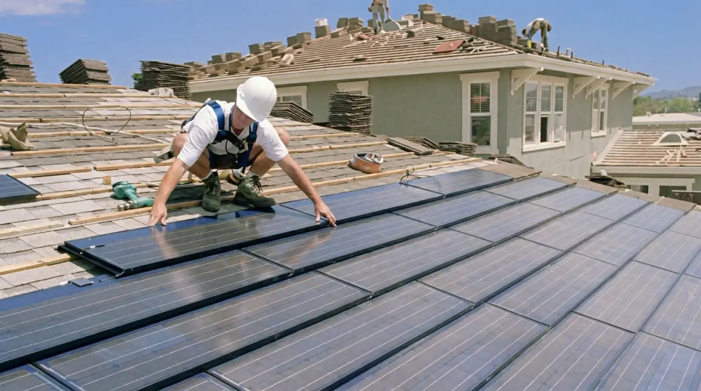 Roof replacement expert installing modern solar shingles on a residential home in Atlanta, GA