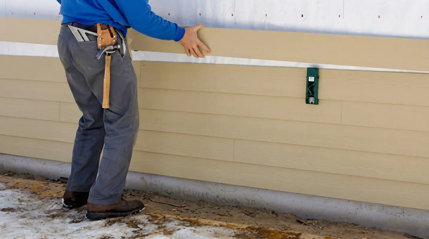 Siding replacement expert carefully aligning a new tan siding panel onto a residential exterior wall in Atlanta, GA