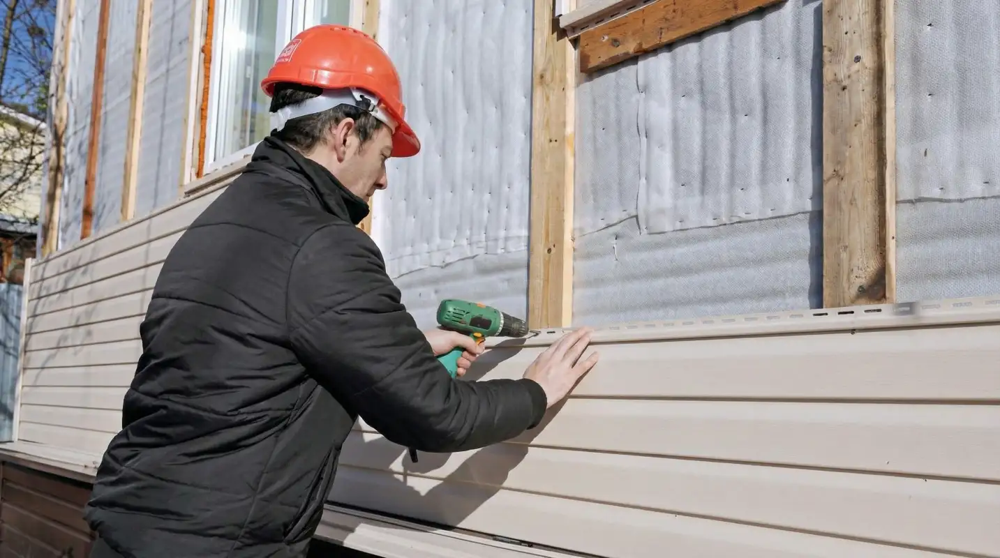 Siding replacement professional using a power drill to install new tan vinyl siding on a home exterior in Atlanta, GA