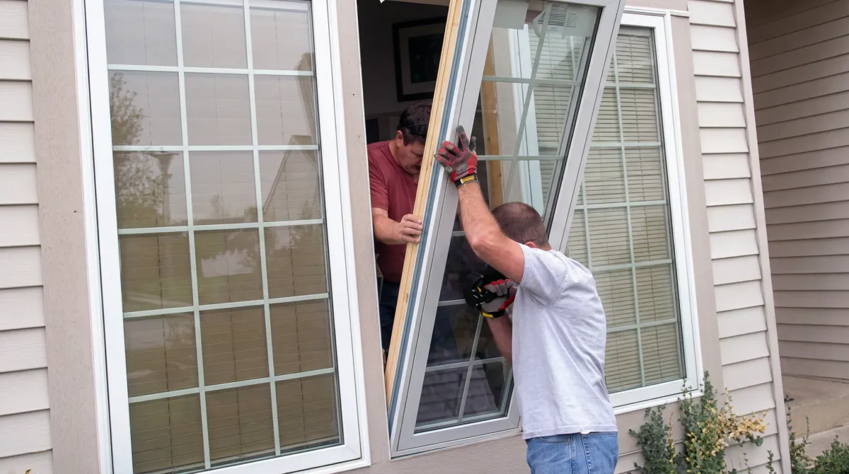 Professional home remodeling team installing a large replacement window on a house with tan siding in Atlanta, GA