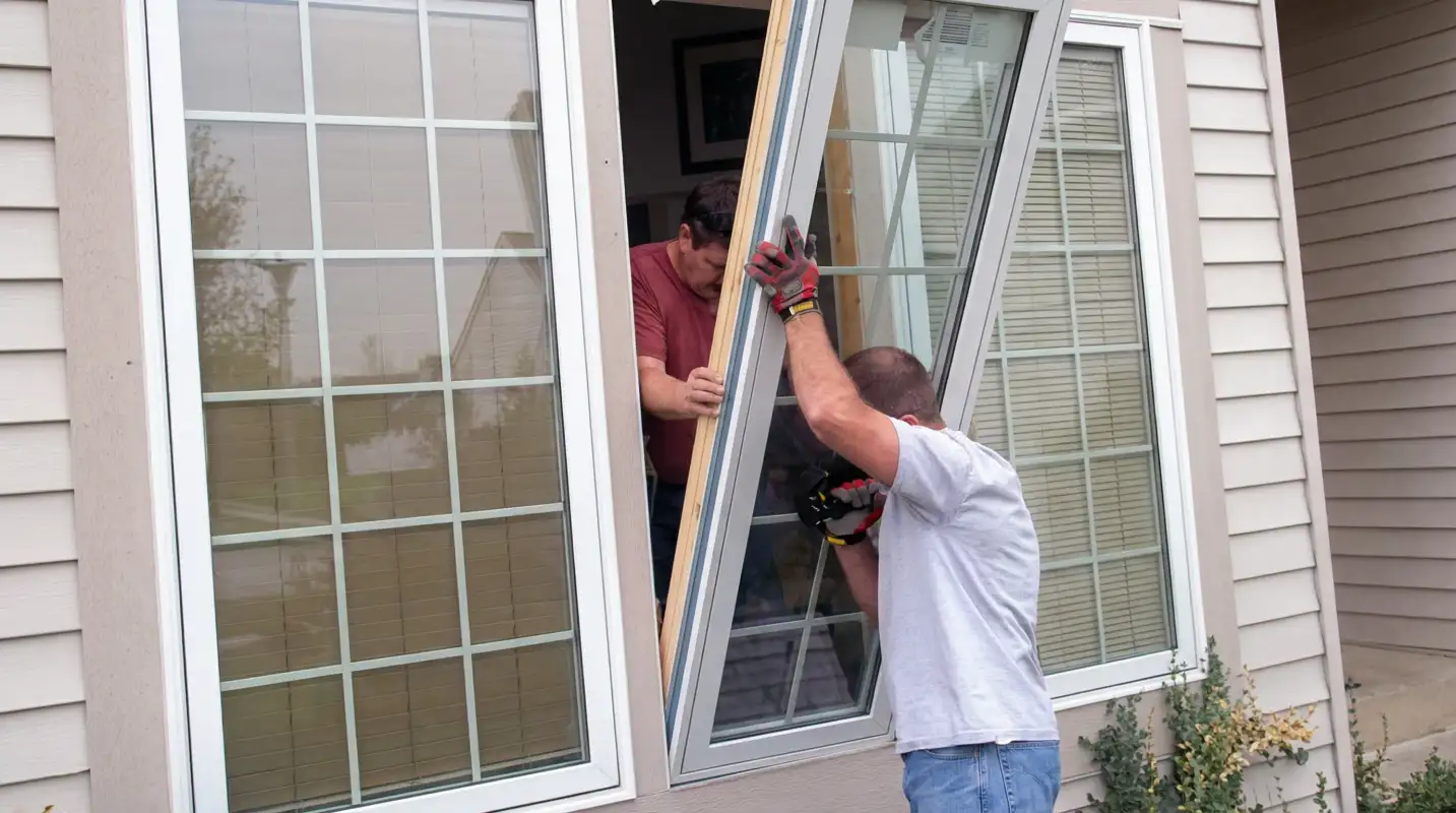 Professional home remodeling team installing a large replacement window on a house with tan siding in Atlanta, GA